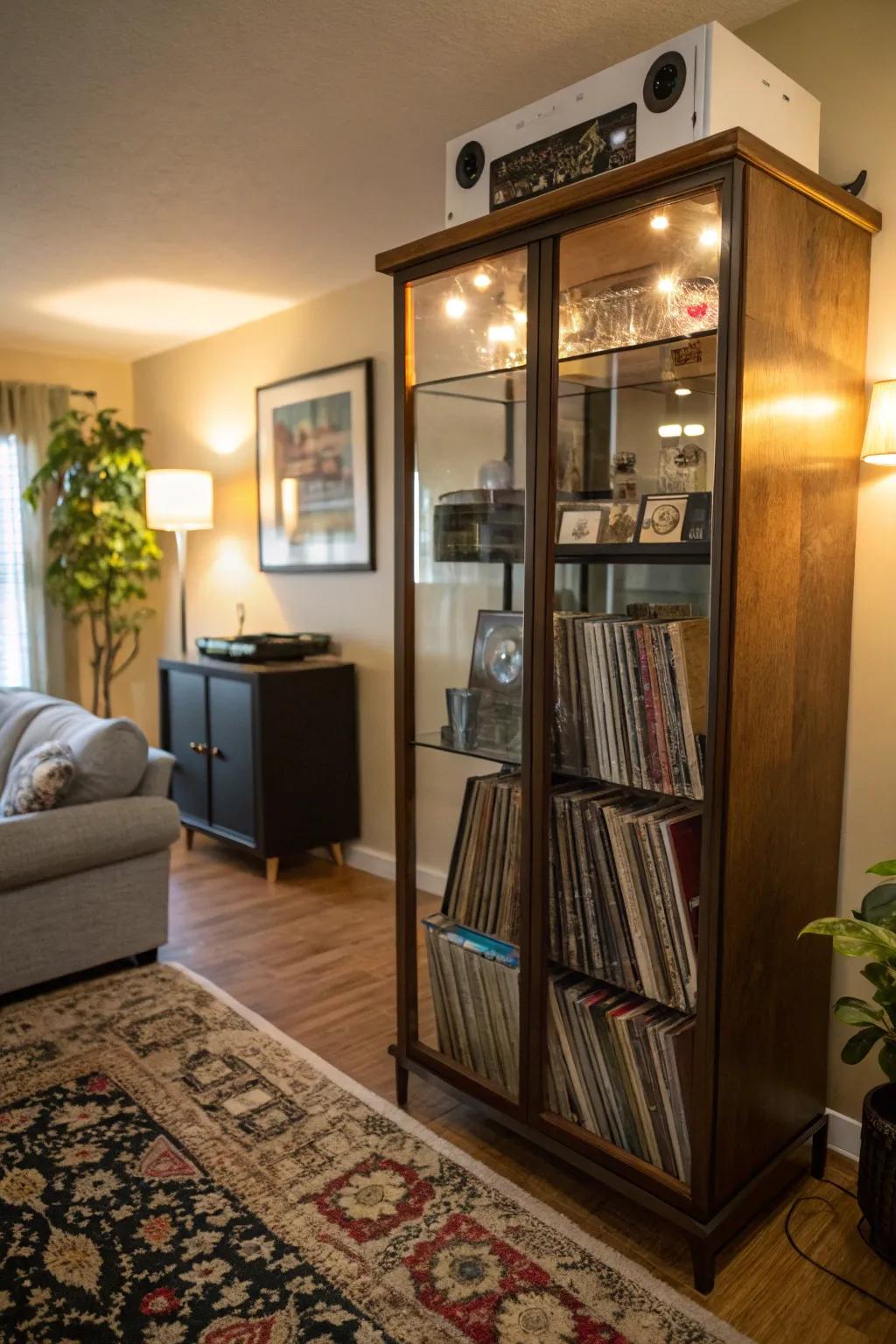 A glass cabinet displaying vinyl records while protecting them from dust.