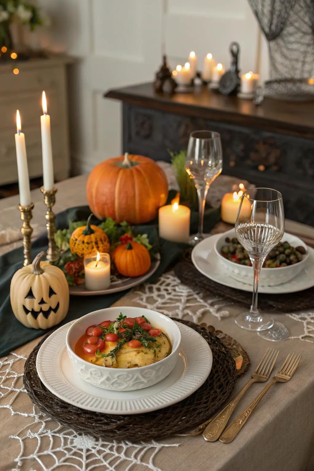 A gourmet dining arrangement for a Halloween repast.