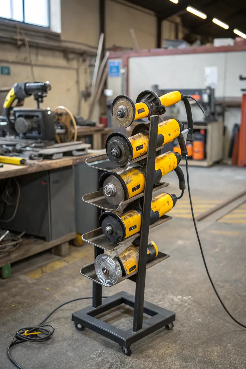Transportable freestanding metal fixture for organized angle grinder storage.