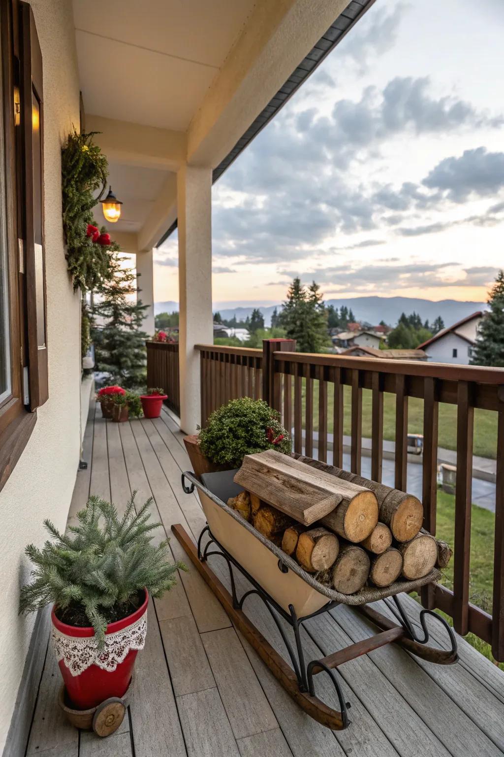 An antique sleigh appends nostalgic charm to this veranda.