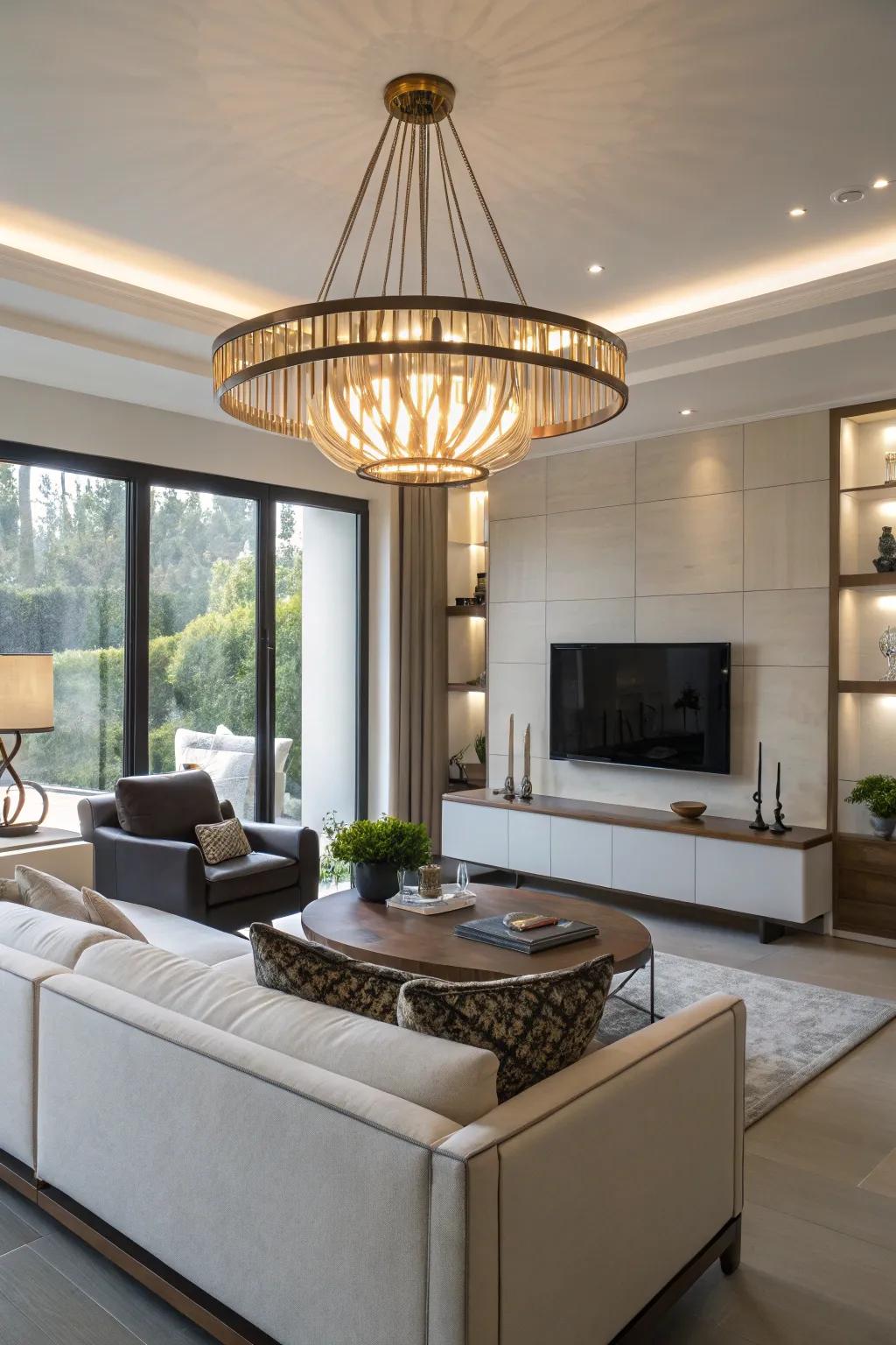 A statement lighting fixture enhances the aesthetic of this contemporary living space.