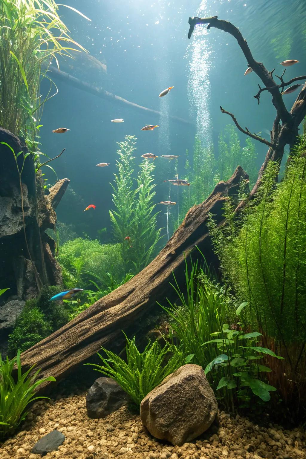A jungle-themed aquarium offers adventure and security for fish.