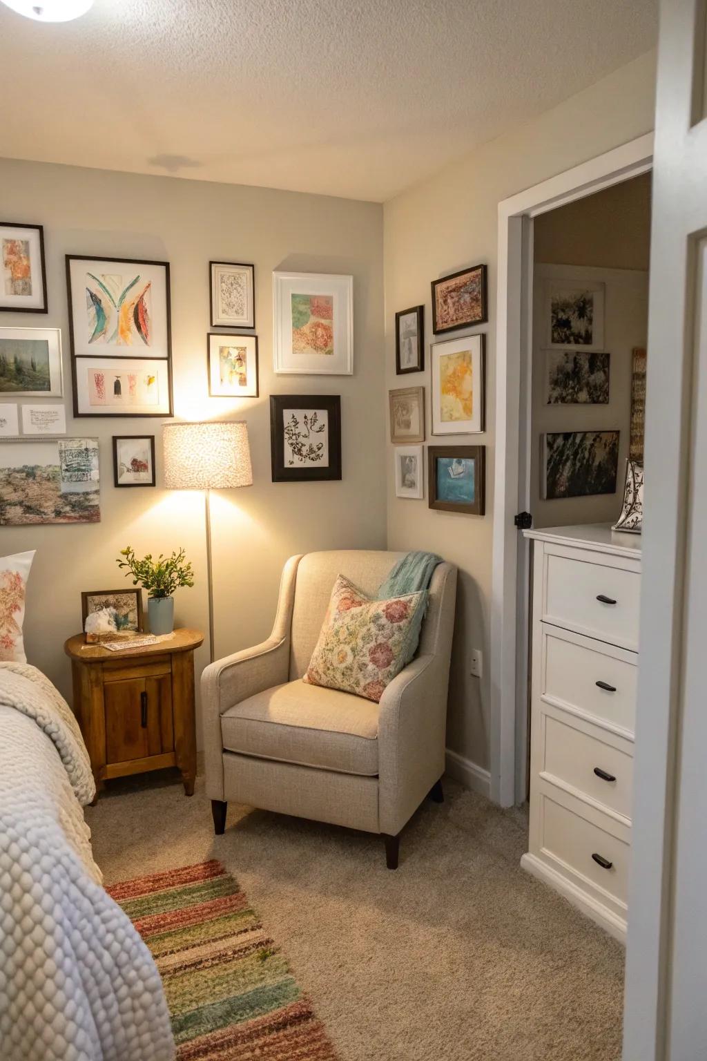 An art nook offers a personal space for reflection.