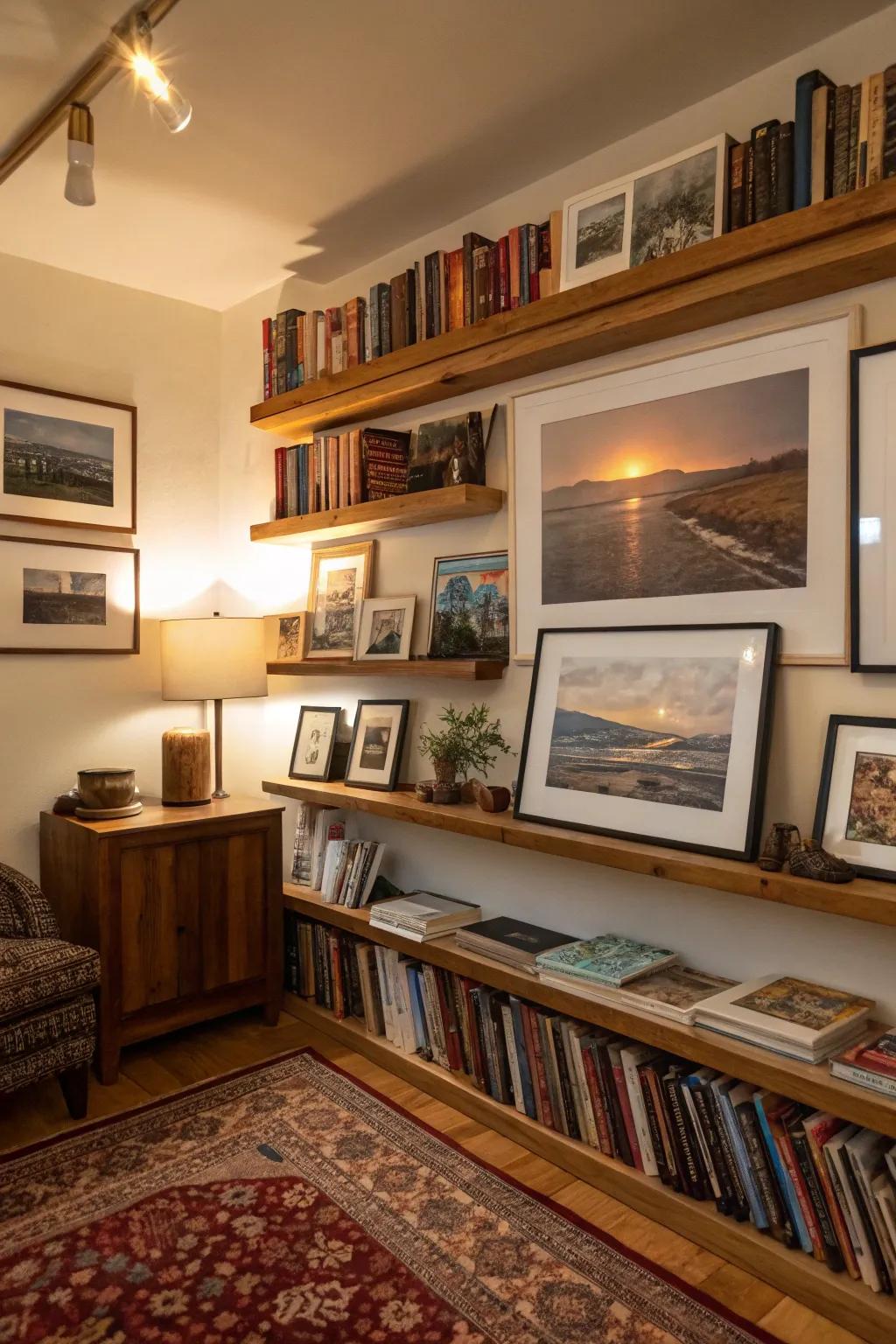 Art prints layered on photo ledges for a dynamic display.