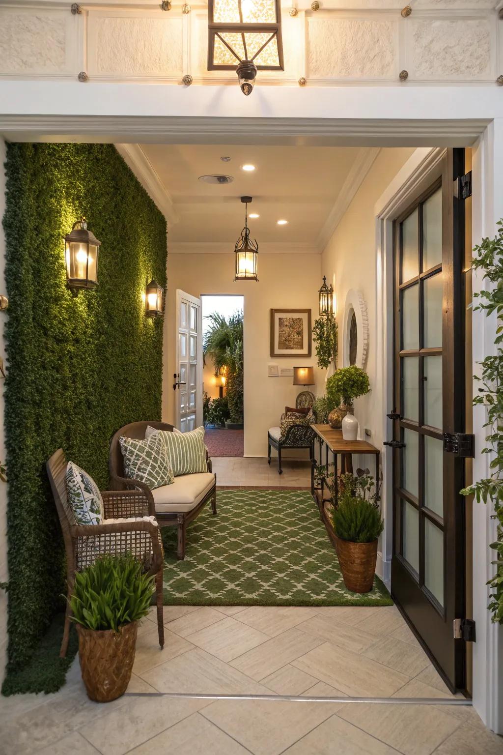 An inviting entryway enhanced by a rich simulated verdant wall.