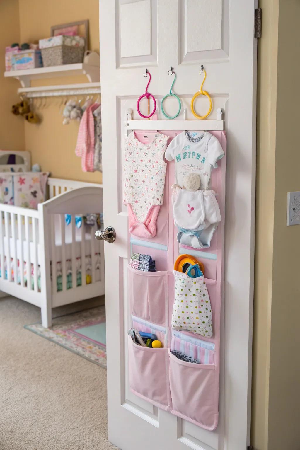 Over-the-door organizers are impeccably suited for additional storage of infant appurtenances.