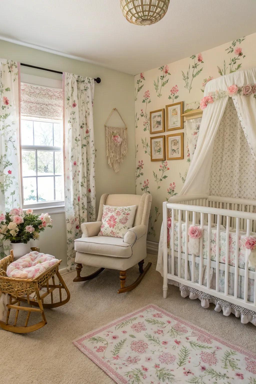 Vintage blossom elements infuse enduring charm into the nursery.