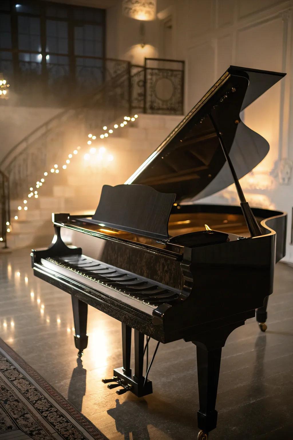 Strategic lighting enhances the charm of the piano.