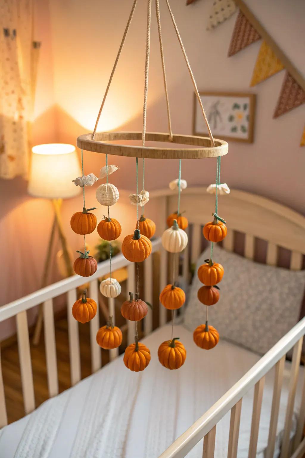 A gourd mobile engenders a soothing and seasonal nursery atmosphere.