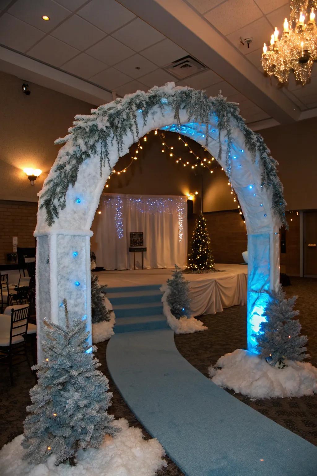 A captivating winter wonderland arch featuring snow and icy tones.