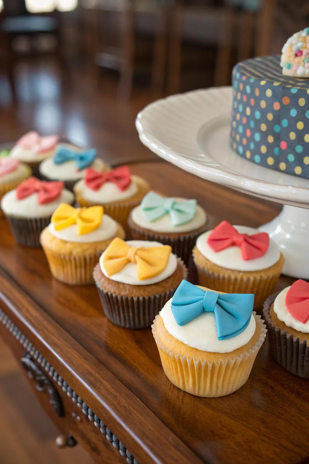 Bow tie-topped cupcakes instill an attribute of sophistication.