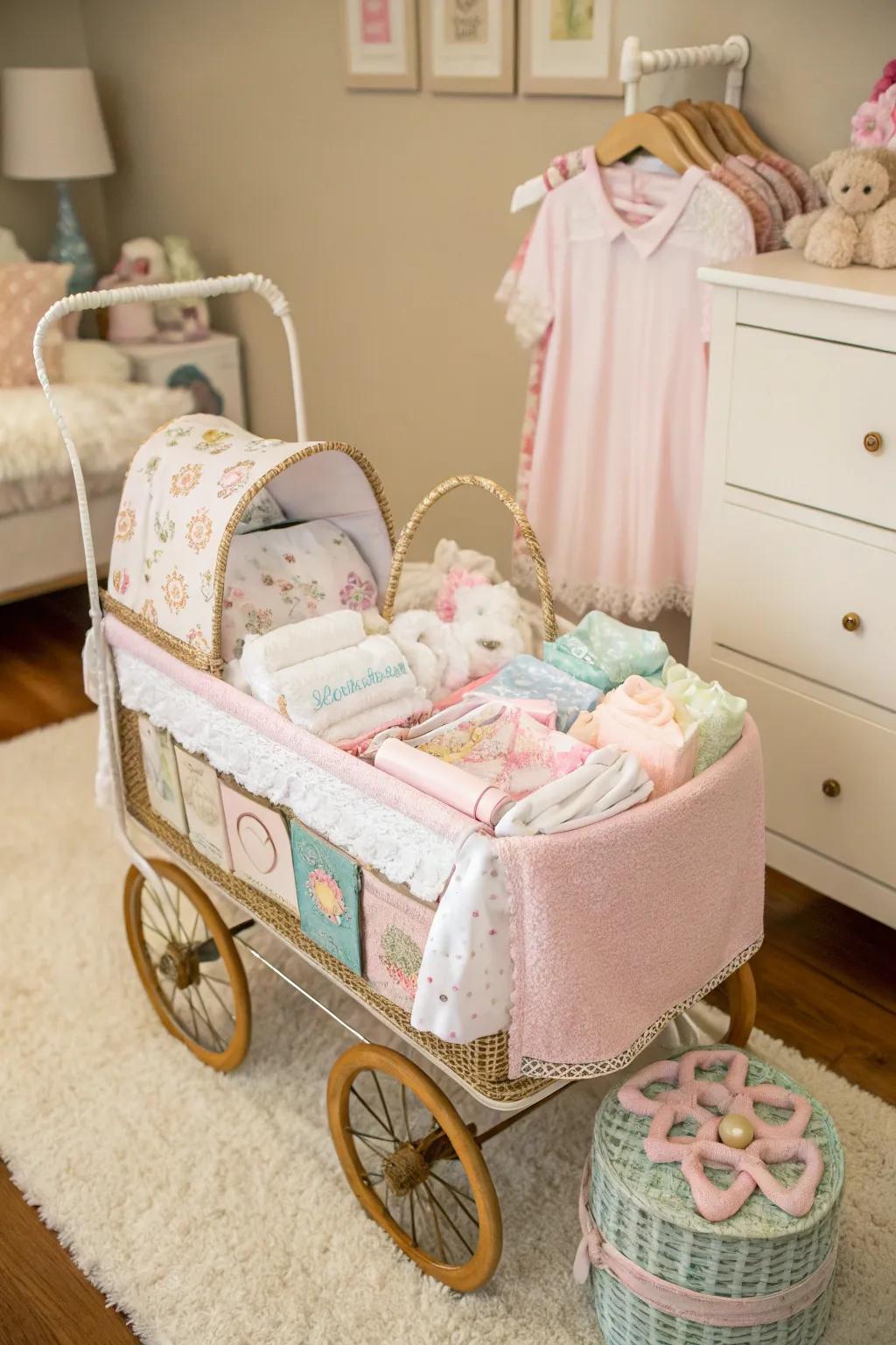 An elegant diaper carriage filled with essentials.