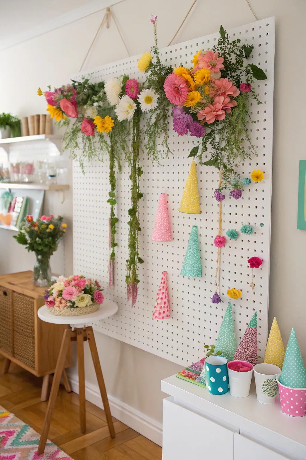 Exercise ingenuity through an adaptable perforated board backdrop.