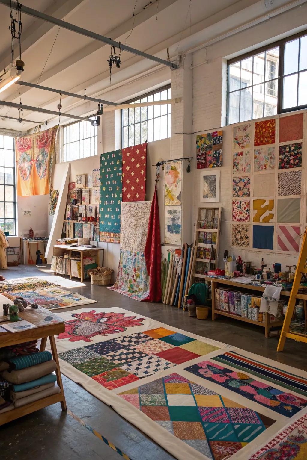 A creative workshop featuring an eclectic patchwork of textiles and motifs.
