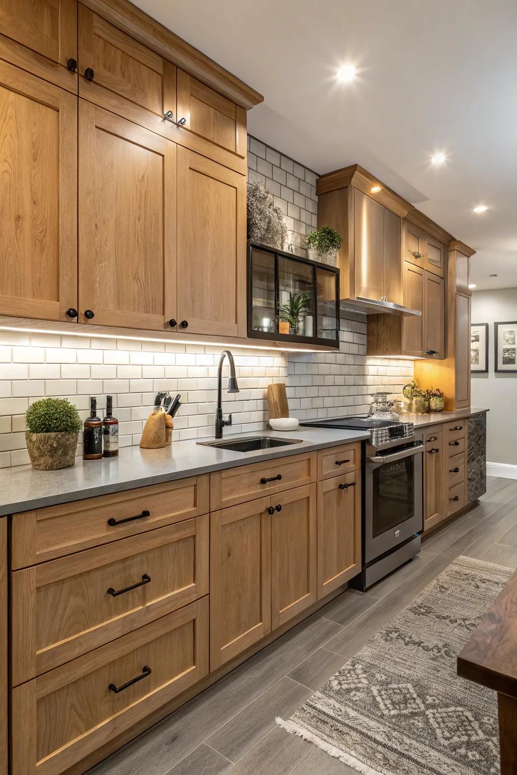 Tiles with an industrial aesthetic introduce an edgy contrast to maple cabinets.