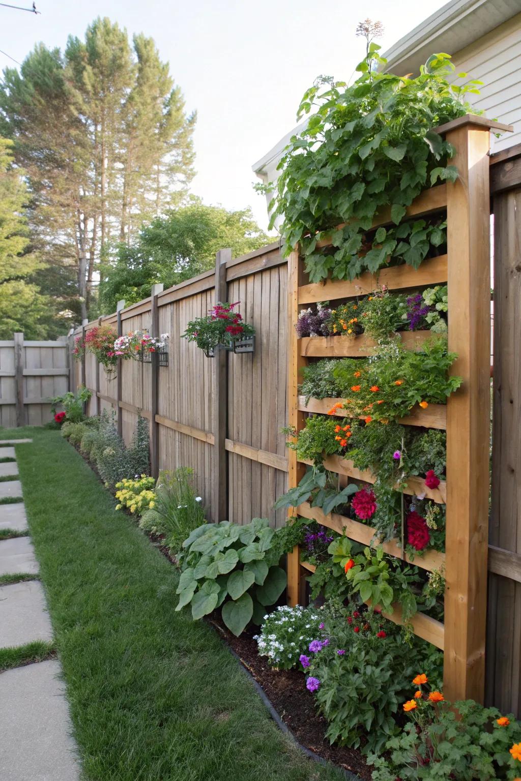 An elevated flora fence introduces verdure and optimizes space.