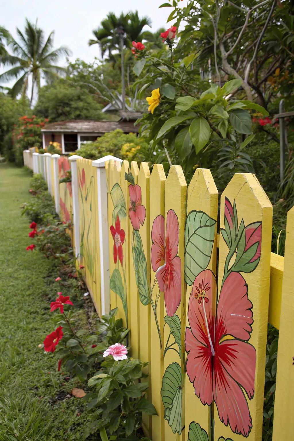 Tropical flora upon a fence fashions a backyard getaway.
