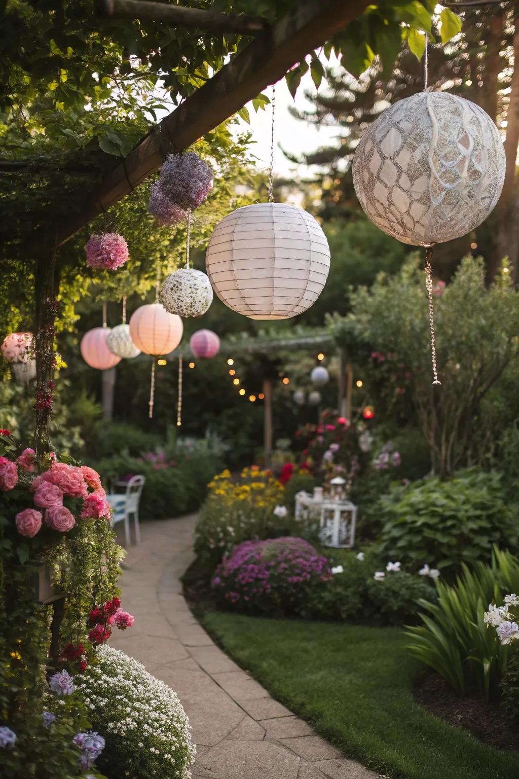Suspended ornamentation contributes whimsy and visual intrigue to the garden.