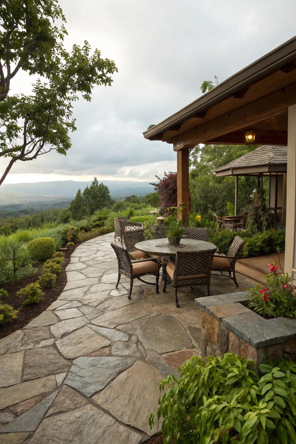 Innate lithic flooring infusing unrefined charm to a patio.