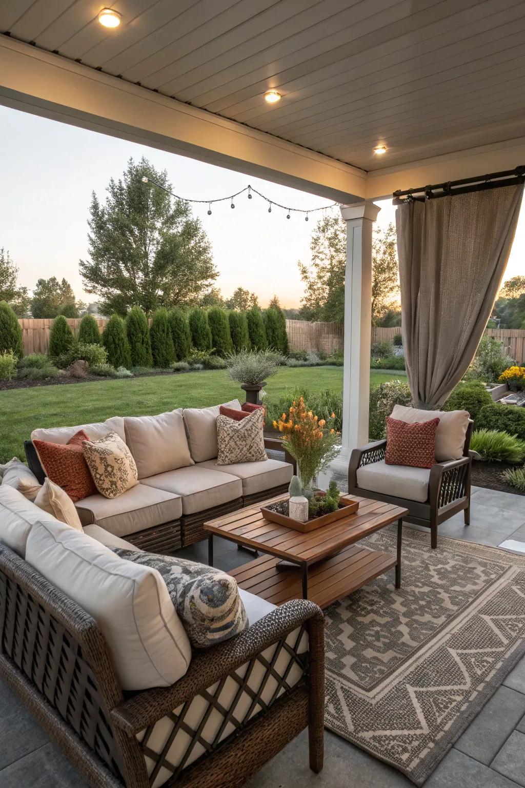 An outdoor living room setup transforms your patio into an inviting haven.