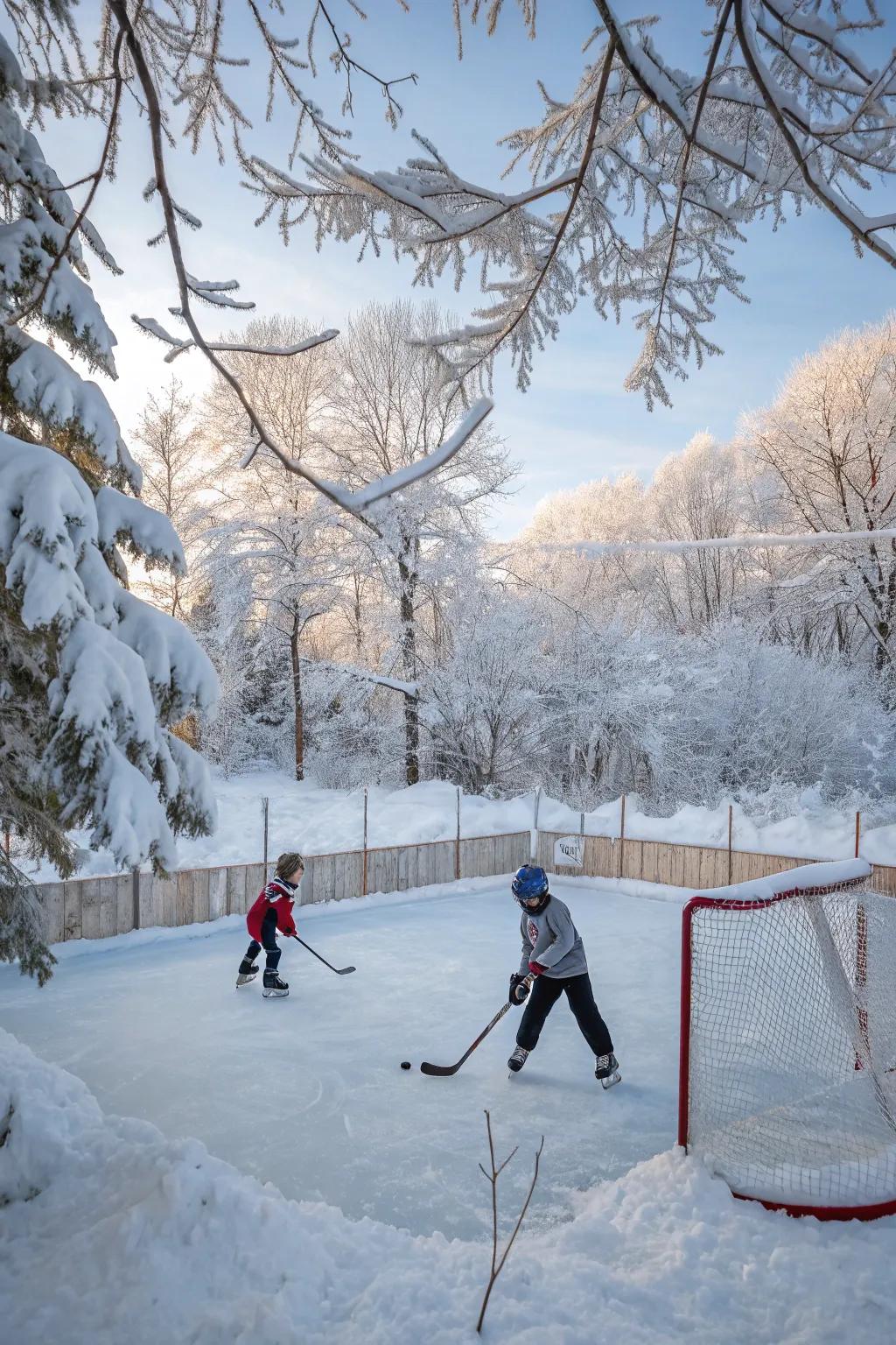 Establish a winter wonderland with a backyard hockey surface.