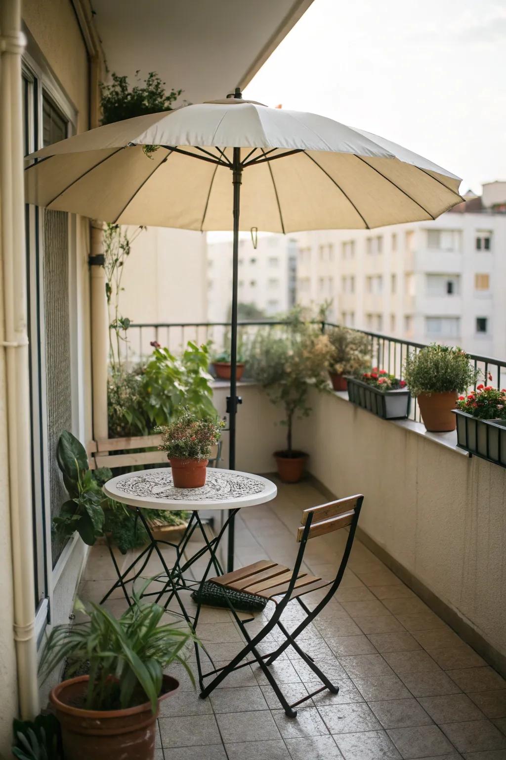 A space-saving half-circle umbrella on a balcony.