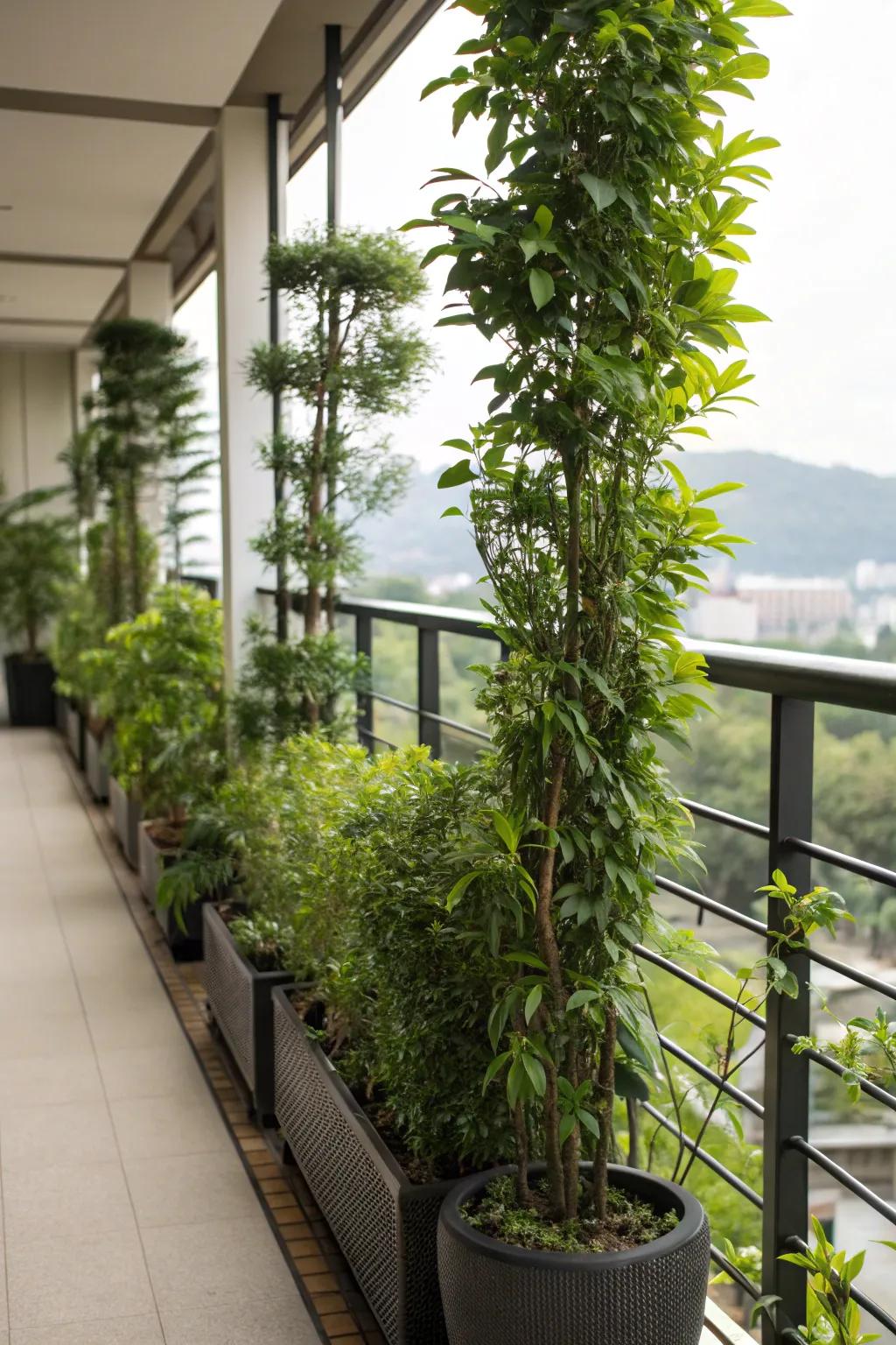 Potted plant screens afford privacy and a hint of nature.