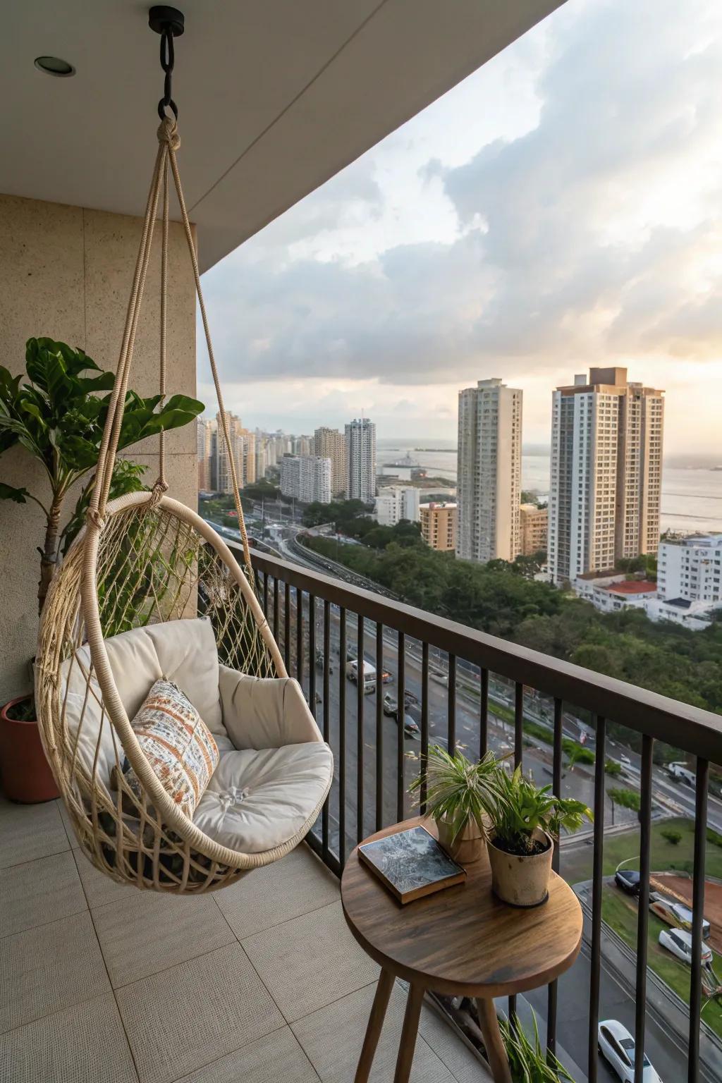 A hanging chair provides a unique and playful seating preference.