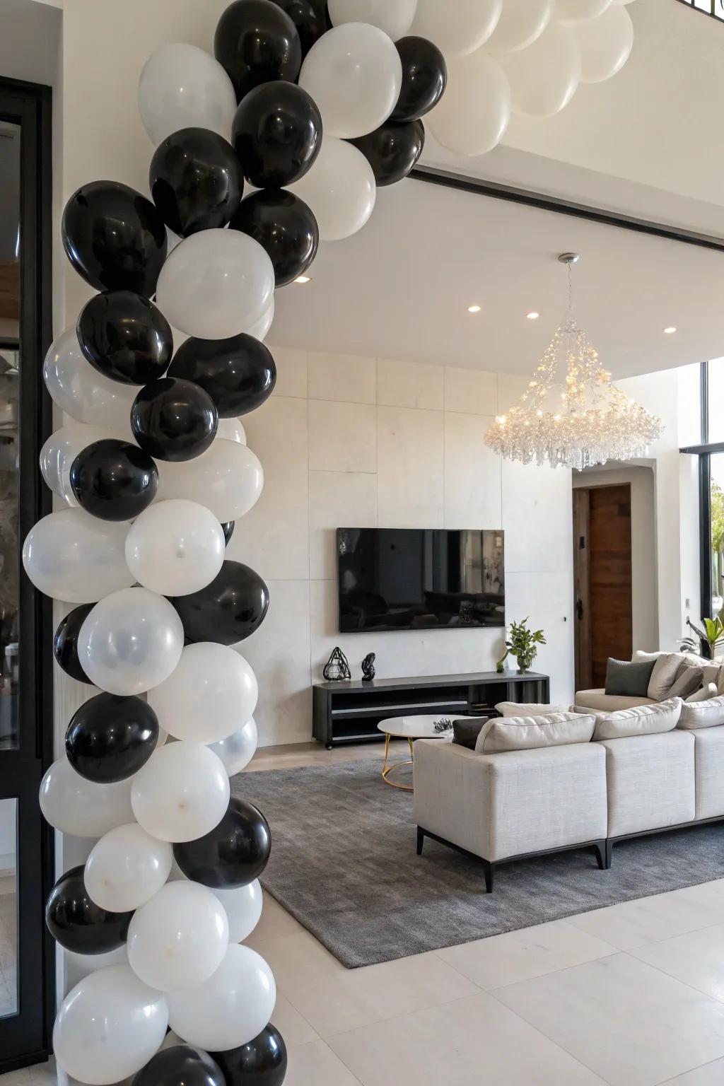A polished monochrome balloon backdrop that creates a bold, modern aesthetic.