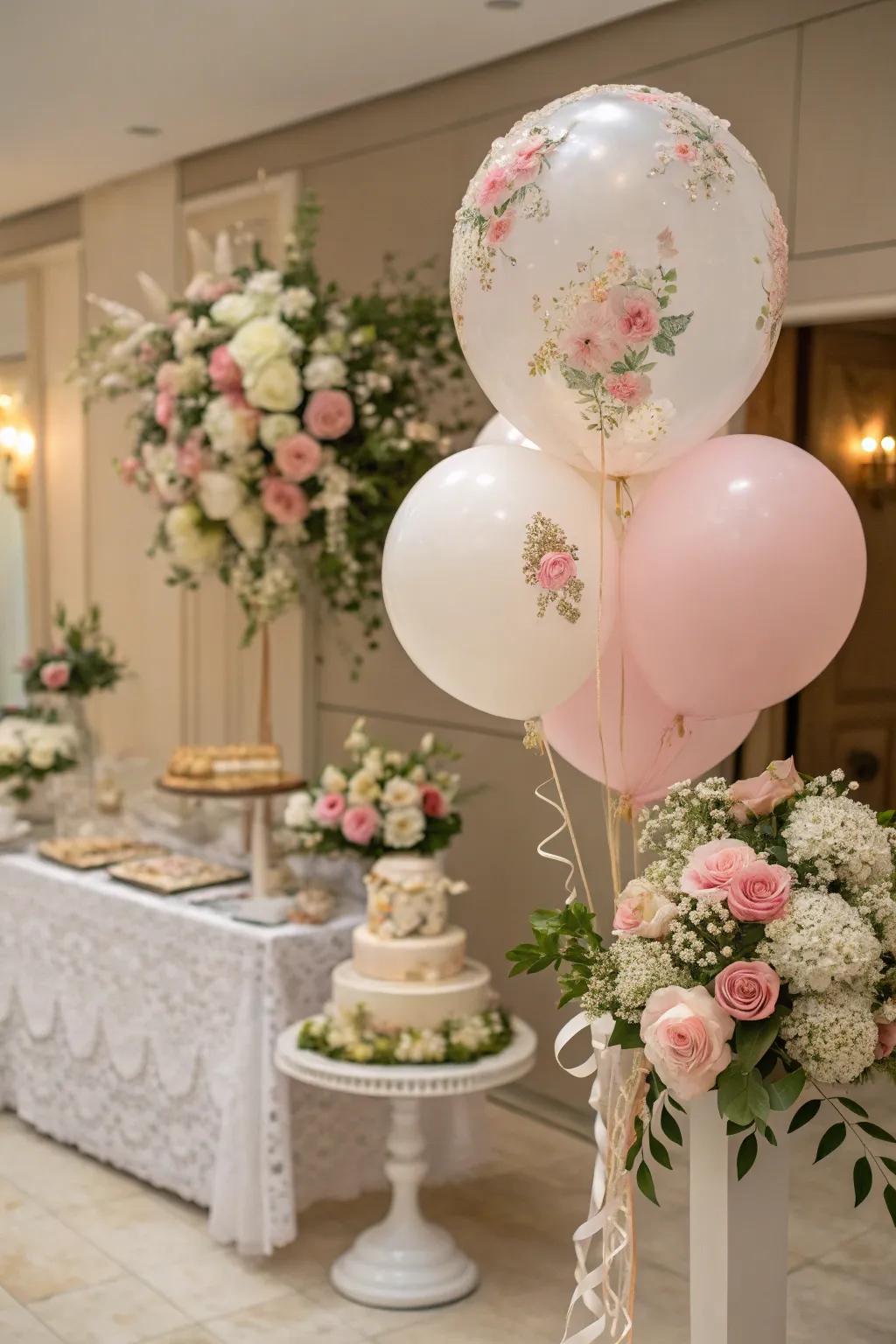 Balloons with floral accents create a fresh and elegant look.