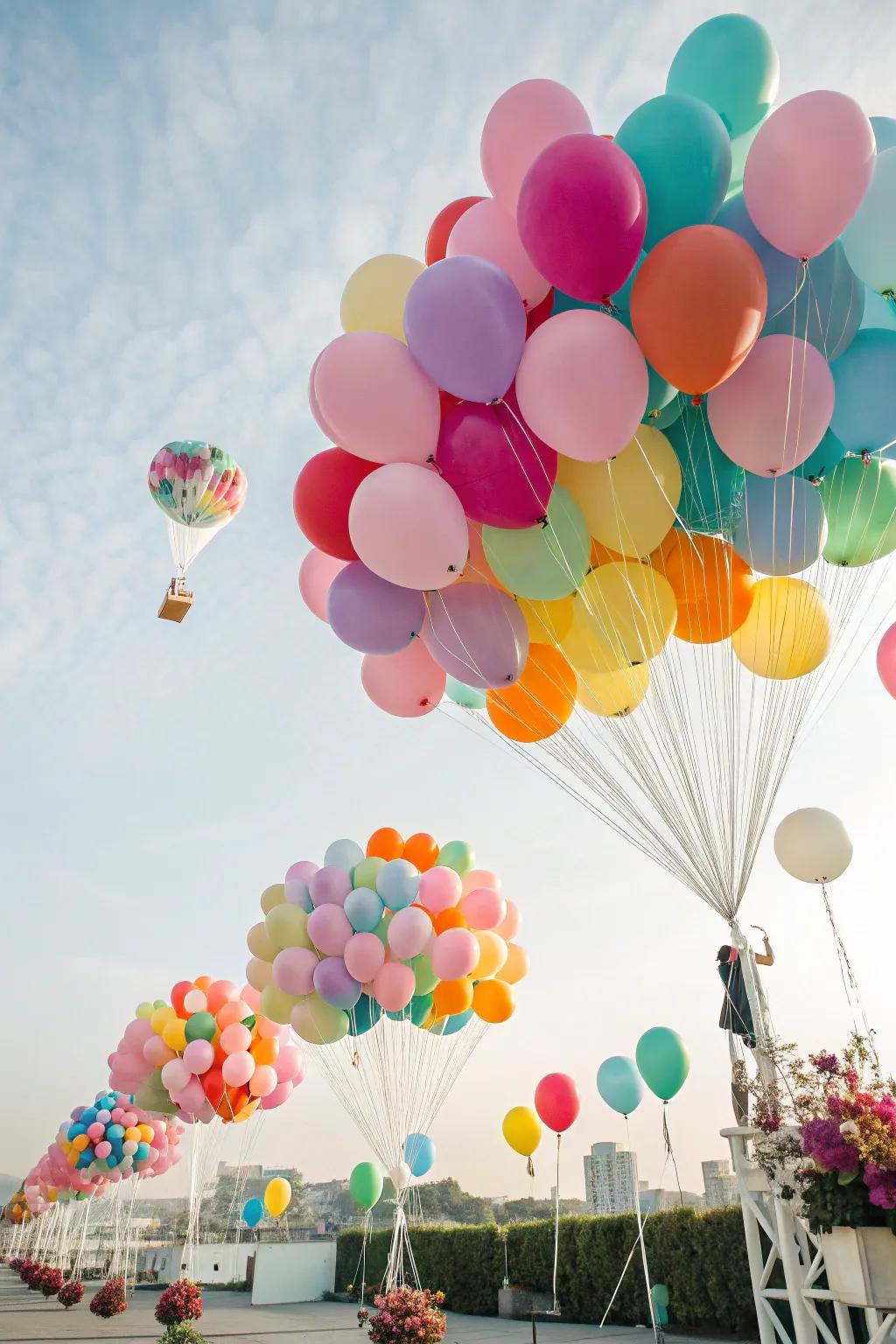 Levitating sphere bouquets cultivate a surreal and kaleidoscopic exhibition.