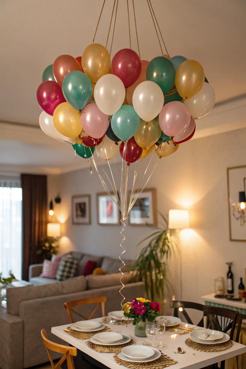 Balloon chandeliers add whimsy overhead.