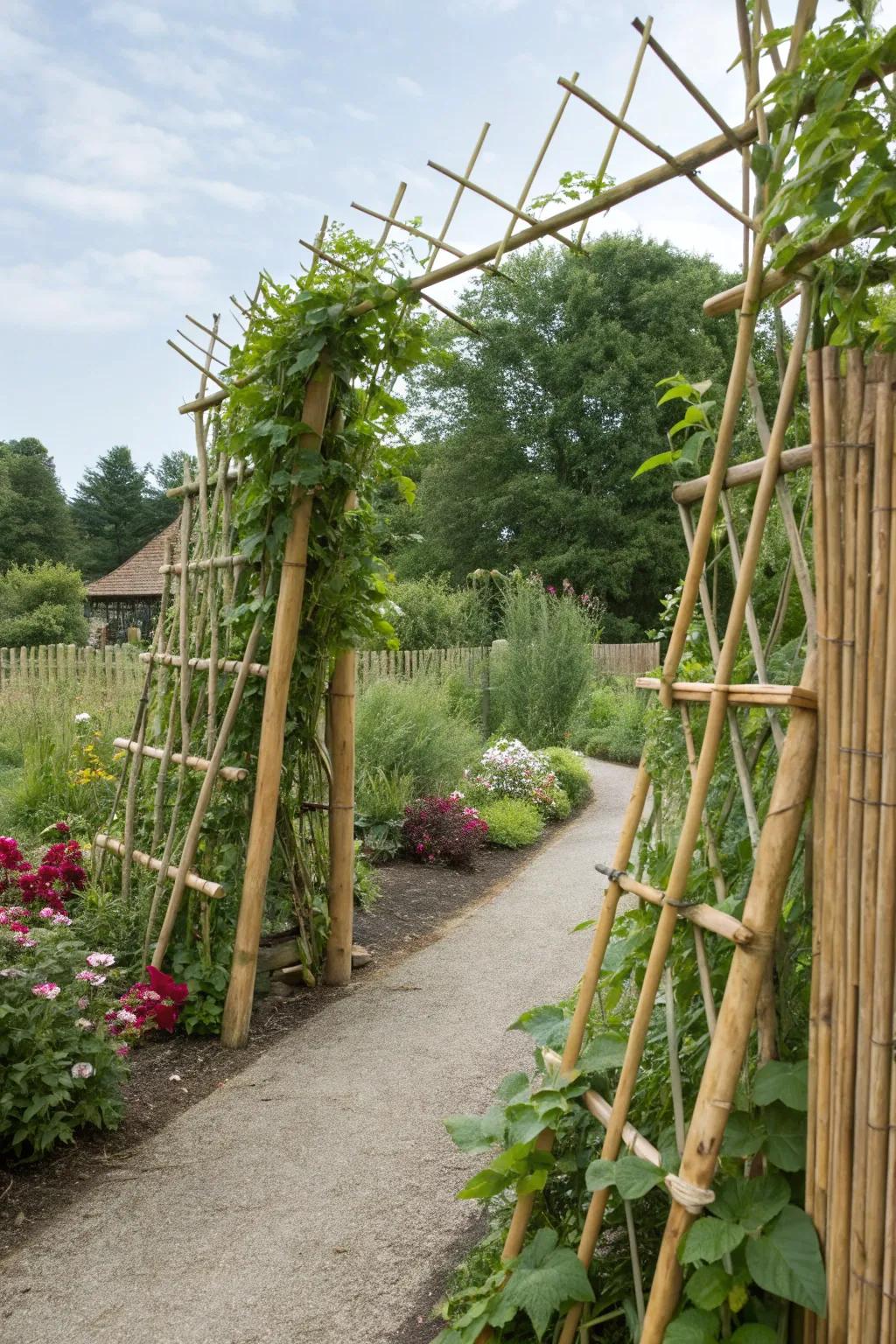 Bamboo trellises offering natural support for climbing plants.
