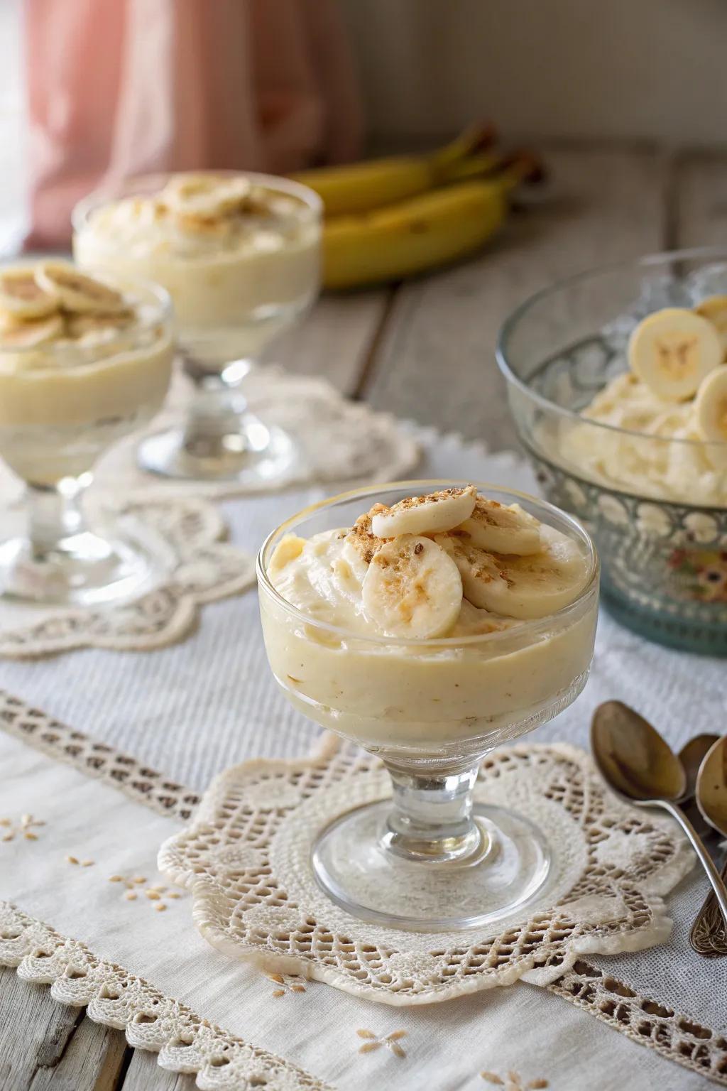 Vintage tableware adds a touch of charm to banana pudding.