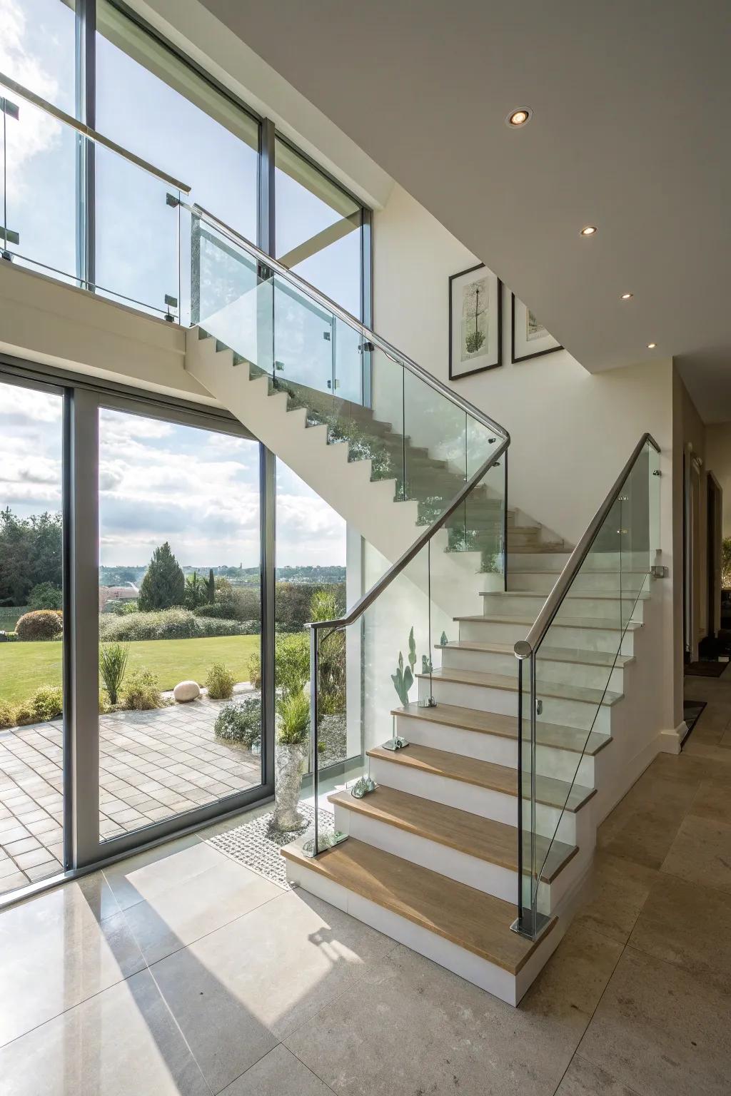 Sleek and modern with crystal panel stair rails.