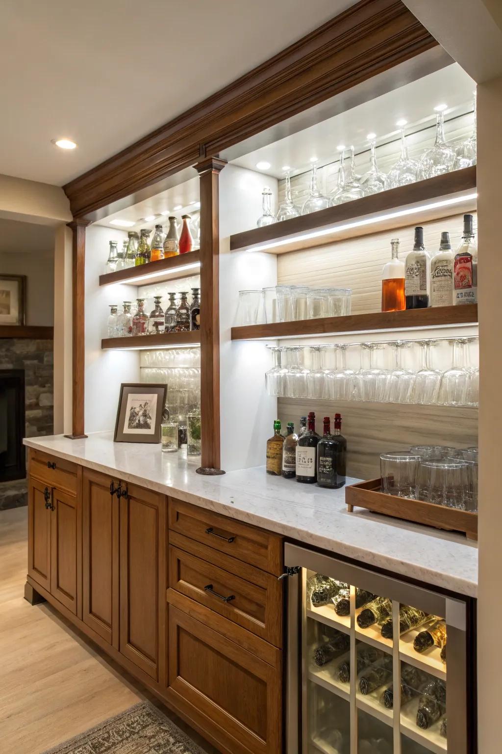 Undercounter shelves maximize bar storage.