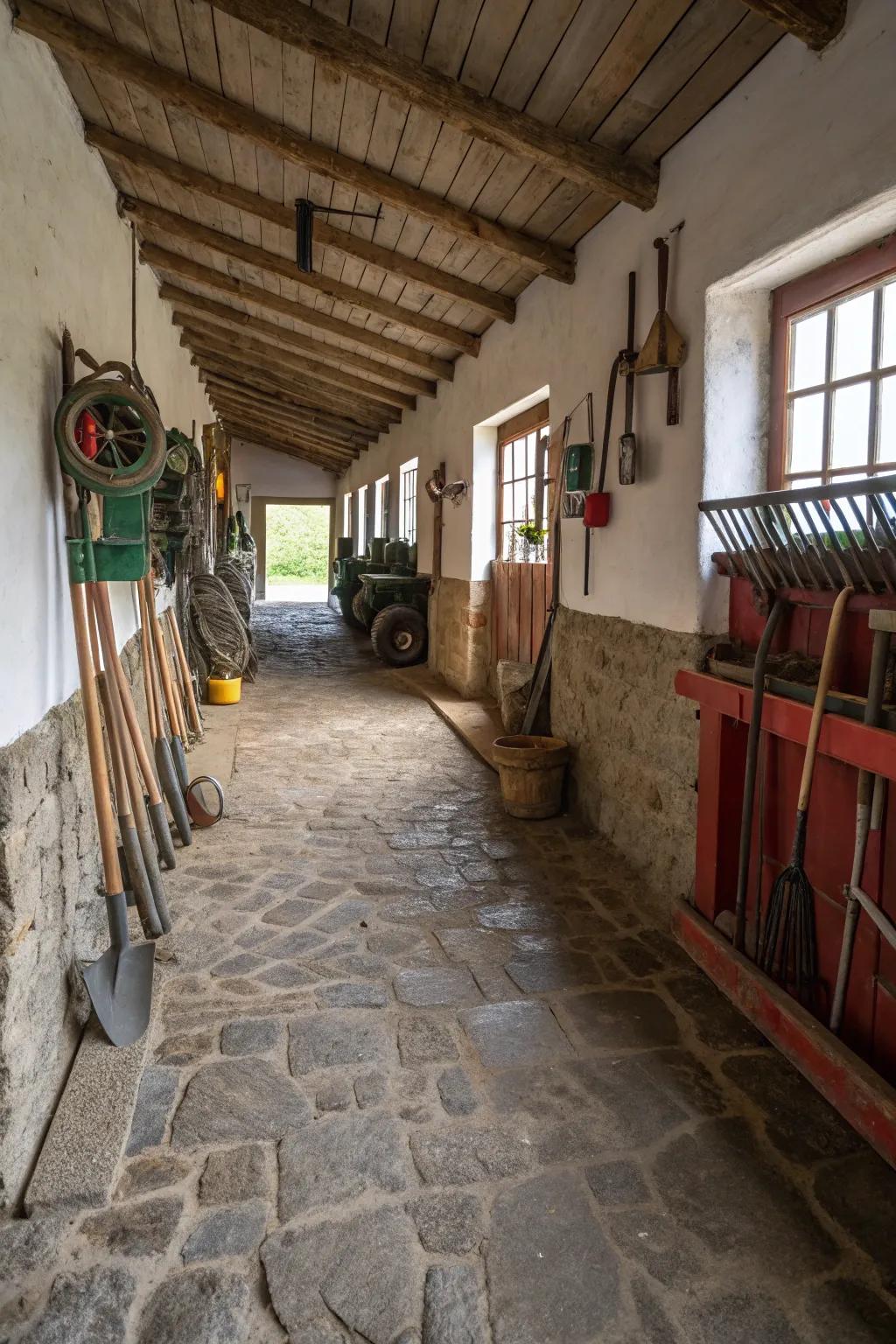 Crushed rock dirt provides a low-maintenance flooring option.