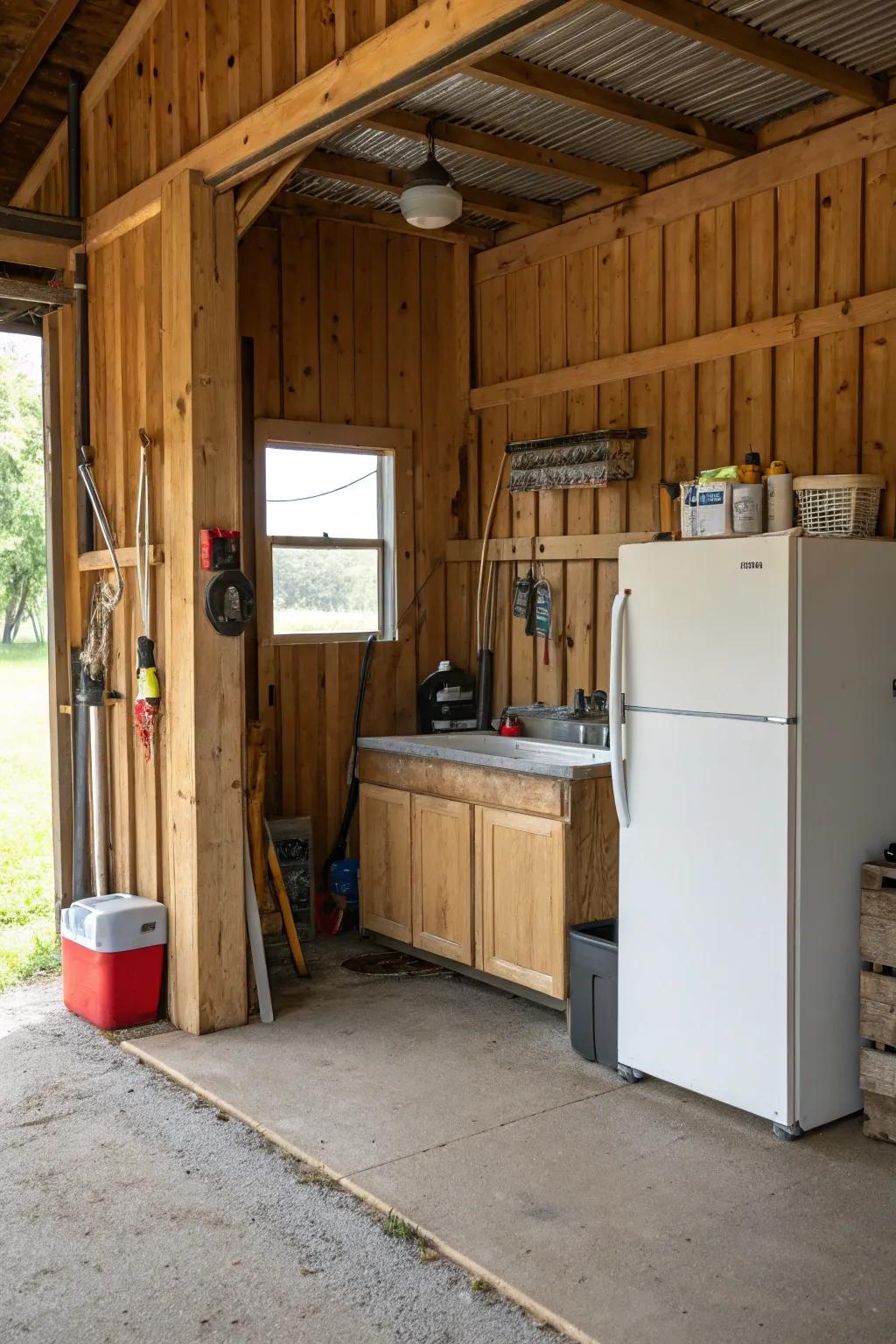A refrigerator and sink area makes this barn garage more convenient.