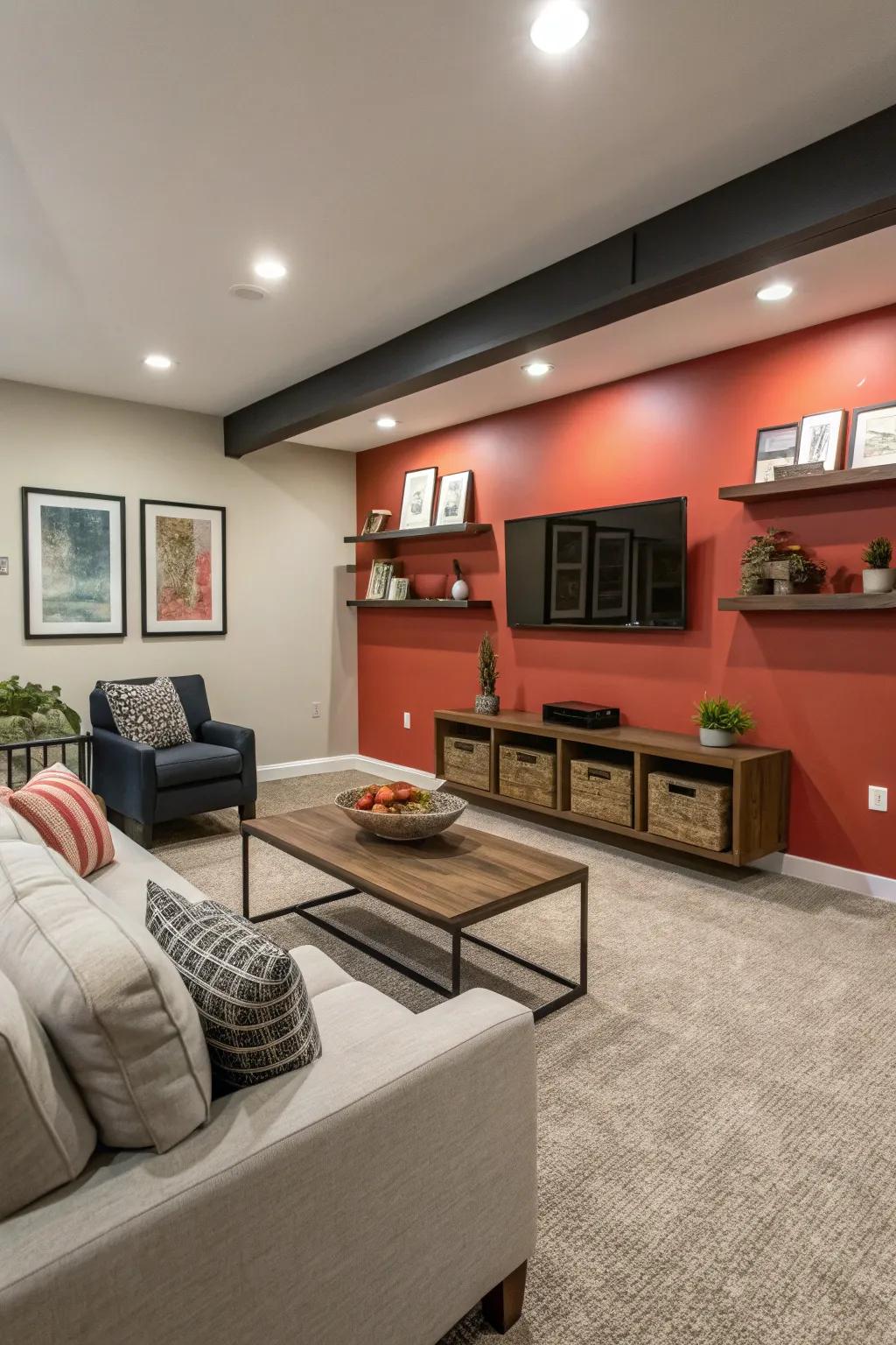 A highlight wall imparts character and fascination to this basement family space.