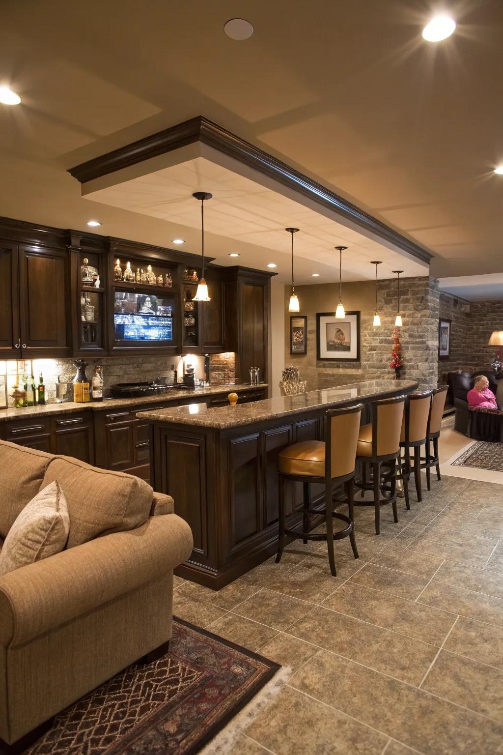 A sleek basement in-house bar devised for entertaining.