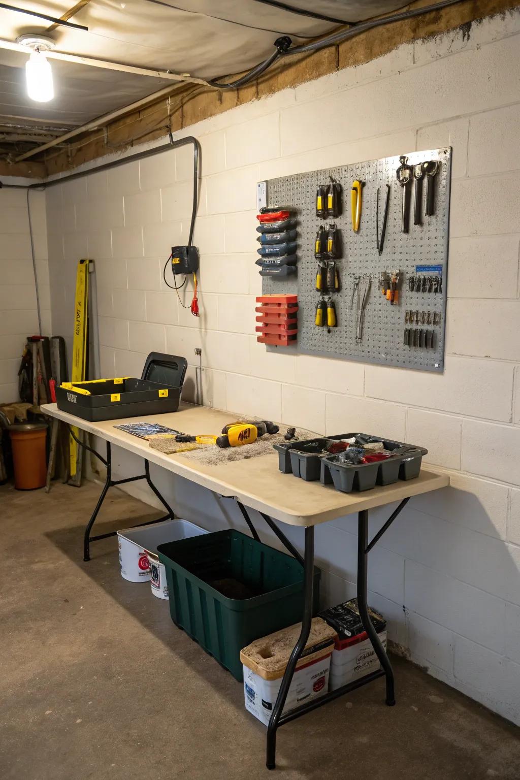 A folding table delivers a practical workspace within the basement.