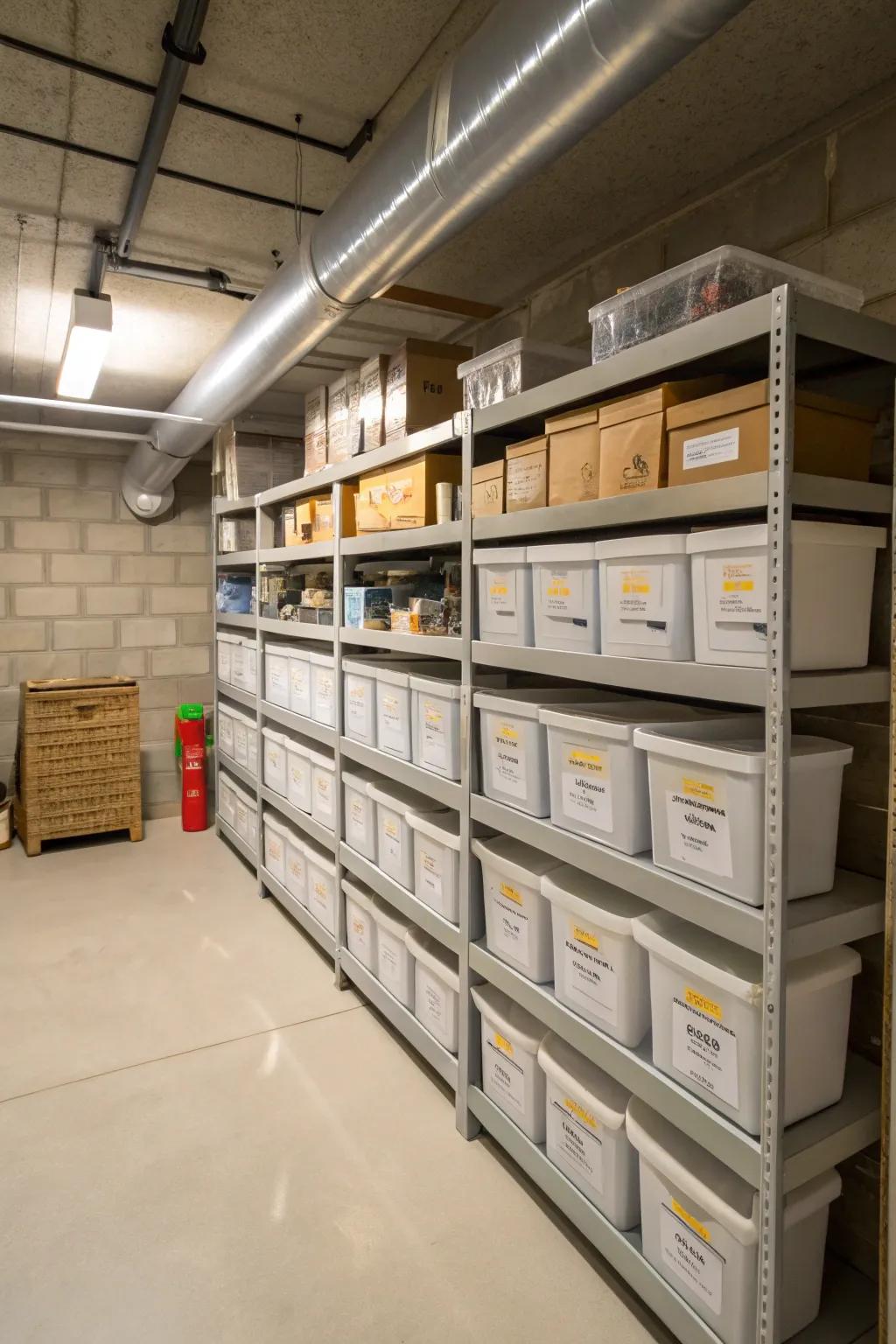 In cramped basement spaces, compact shelving maximizes storage.