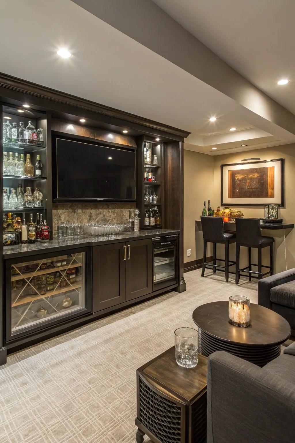 A small bar elevates the entertainment experience.