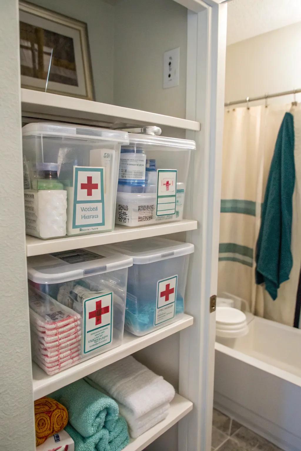 A dedicated first aid spot keeps essential supplies within reach.