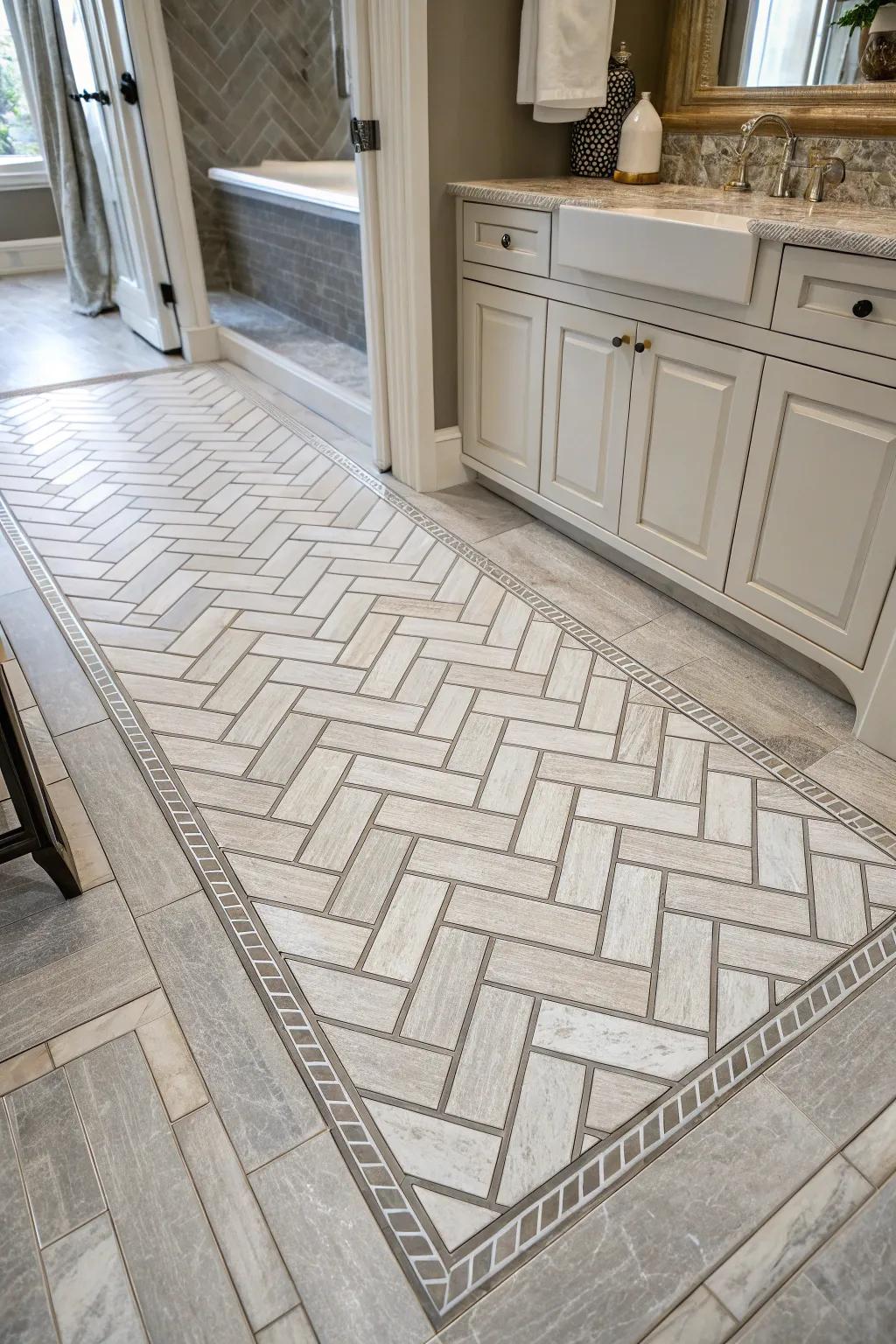Chevron floor coverings enhance elegance and flow.
