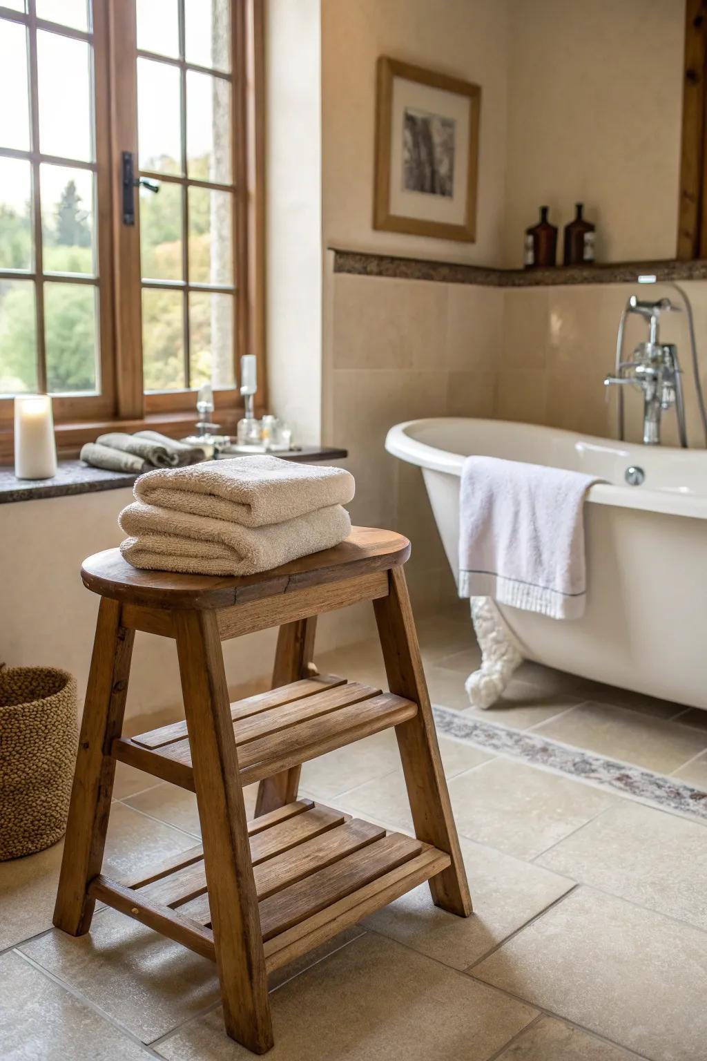 A stool or chair appends an unanticipated twist to towel storage.