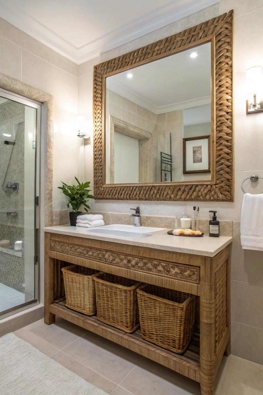 Bathrooms gain warmth and texture from natural frames.