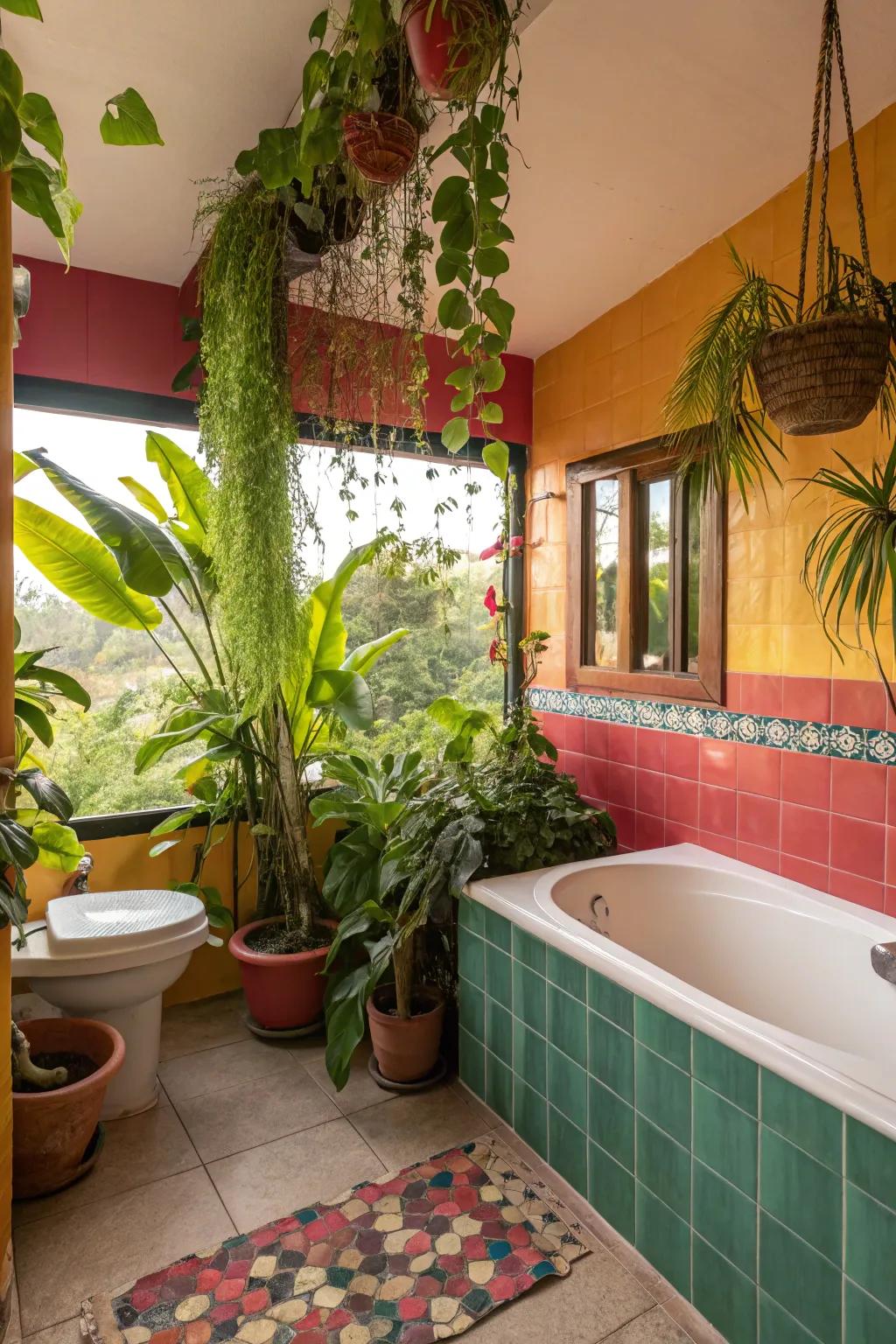 Escape to an exotic paradise through vibrant, lush restroom decor.