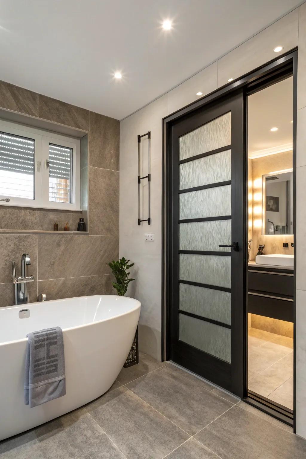 Uncluttered shapes and modern materials define modern bathroom layout.