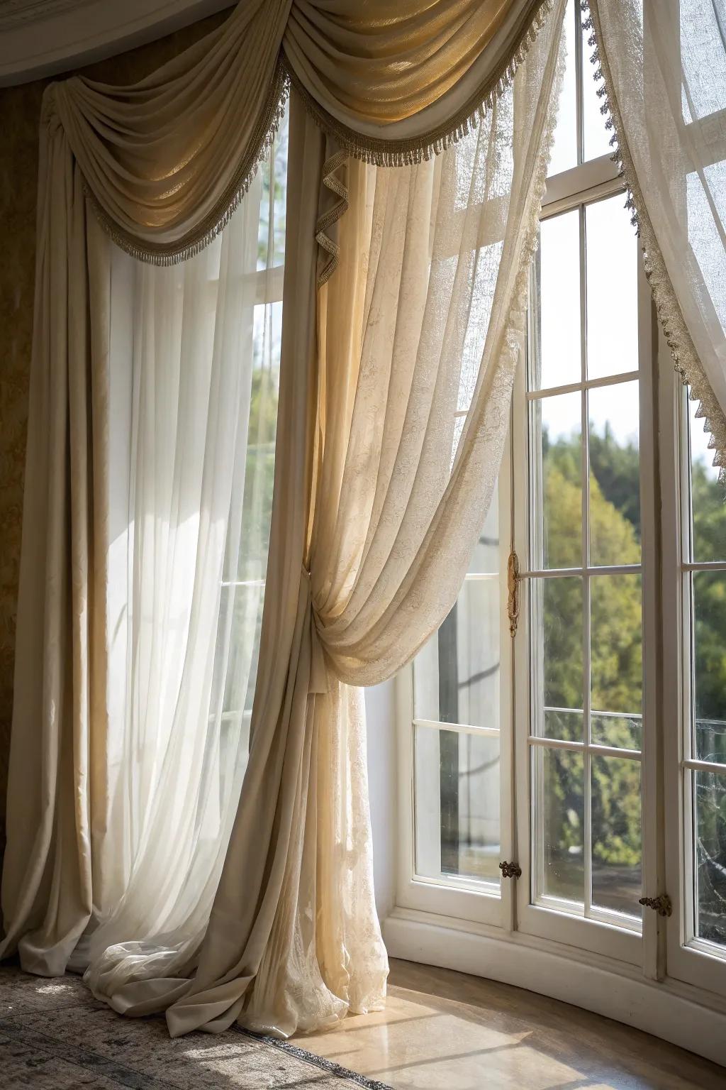 Incorporate varied textures in window textiles to enhance the sophistication of your bay window.